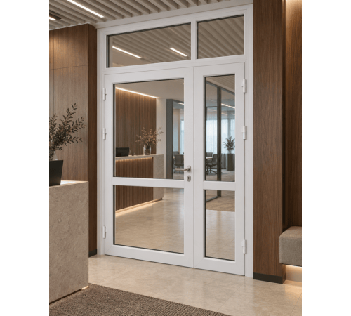 Металлопластиковые двери Rehau SYNEGO 80 с фрамугой 1300 x 2300 мм