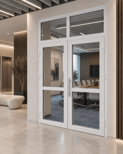 Металлопластиковые двери Rehau Euro 60 с фрамугой 1500 x 2500 мм