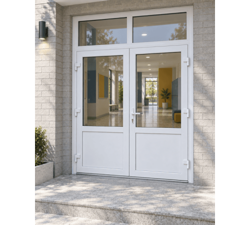 Металлопластиковые двери Rehau SYNEGO 80 с фрамугой 1600 x 2300 мм