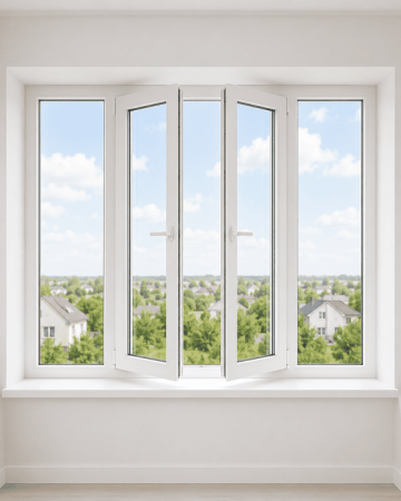 Металлопластиковое окно ламинированное Дуб золотой Veka Softline 82 четырехстворчатое с двумя поворотно-откидными створками 2400x1500 мм