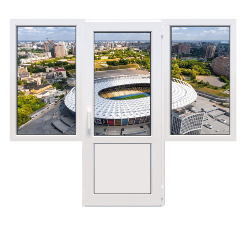 Балконный блок WDS 76MD с двумя окнами и поворотно-откидной дверью 2300 x 2100 мм