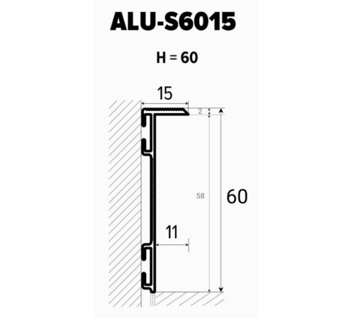 Плинтус алюминиевый скрытого монтажа 60х15х2700 мм ALU-S6015 Анод Kluchuk