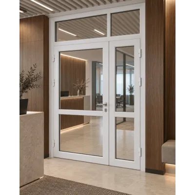 Металлопластиковые двери Rehau SYNEGO 80 с фрамугой 1300 x 2300 мм-0