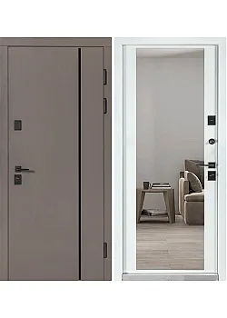 Двери Термоультра (квадро) Securemme 546/607 Тисненный камень сиена / Белая шагрень зеркало Булат