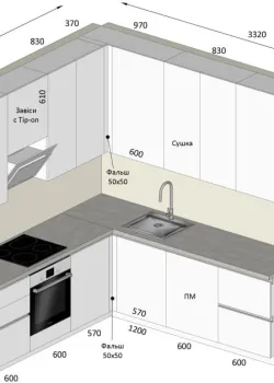 Кутова кухня на замовлення Біла глянець, Світло сірий №129 23.09.2024