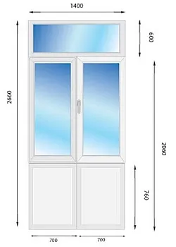 Металлопластиковые двери WDS 76MD с фрамугой 1400 x 2600