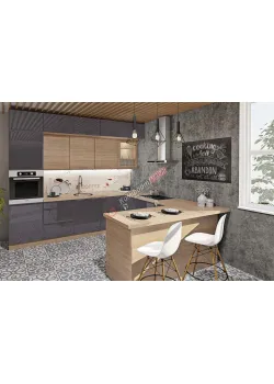 Модульная кухня Комфорт Хай-тек текстурированный 3х2.6м П-образная Графит, Дуб натуральный