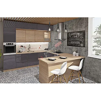 Модульна кухня Хай-тек текстурований 3х2.6м П-подібна Графіт, Дуб натуральний-0