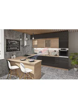 Модульная кухня Комфорт Хай-тек текстурированный 3х2.6м П-образная Асфальт, Дуб натуральный