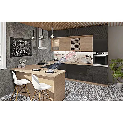 Модульна кухня Хай-тек текстурований 3х2.6м П-подібна Асфальт, Дуб натуральний-0