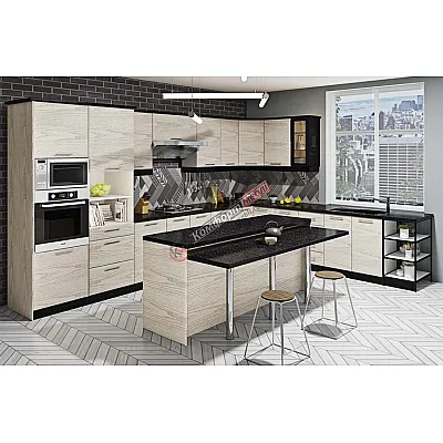 Модульна кухня Хай-тек текстурований 4.05х3м з кухонним островом дуб білений-0