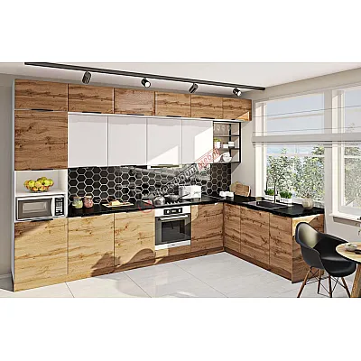 Модульна кухня Хай-тек софт-тач супермат 3,6х2 м кутова Білий, Дуб золотий-0