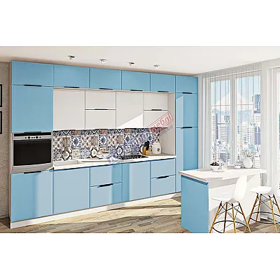 Модульна кухня Хай-тек софт-тач супермат 3,6м з кухонним островом Білий, Голубий-0