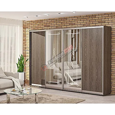 Шкаф-купе 3400 мм "ДСП" с зеркалом 4 дверный дуб трюфель-0