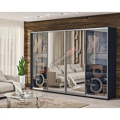 Шкаф-купе 3,6 м "Стекло фотопечать" с зеркалом 4 дверный темный-0