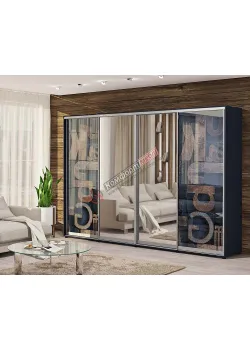 Шкаф-купе 4 м Комфорт "Стекло фотопечать" с зеркалом 4 дверный темный