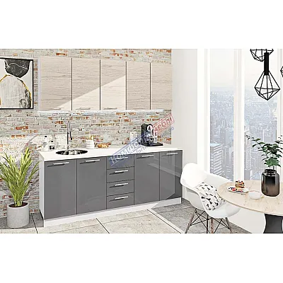 Готовая кухня Комфорт Эко 2.0 метра прямая Темно-серый, Дуб беленый-0