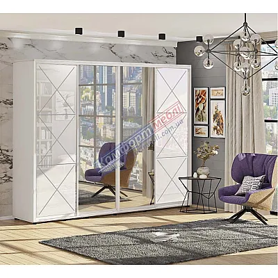 Шафа купе 3.4 м Комфорт "Прованс" глянець з дзеркалом 4 дверна біла-0