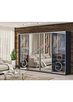 Шкаф-купе 2,8 м Комфорт "Стекло фотопечать" с зеркалом 4 дверный темный