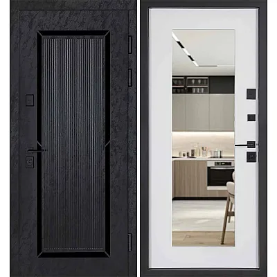 Вхідні Двері В-83 (квадро) 594/605 дзеркало Оксид чорний Весь декор/Біла шагрень Булат-0