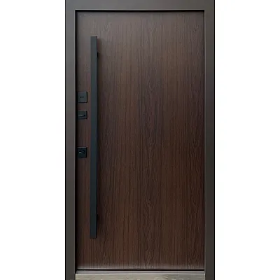 Входные Двери Стрит Элегант металл песок 8019 краска, декор лакобель МДФ дуб темный Vinorit 3K "Qdoors"-1