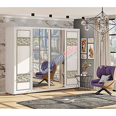 Шкаф-купе 3,4 м "Валенсия" глянец с зеркалом 4 дверный белый-0