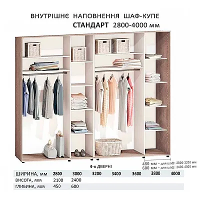 Шафа-купе 2,8 м "ДСП" глянець 4 дверна дуб аппалачі-1