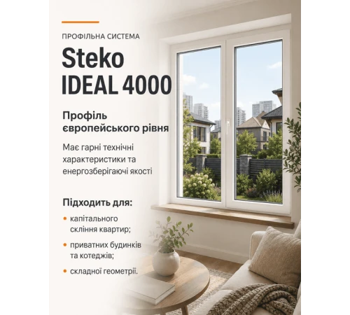 Металопластикове вікно Steko IDEAL 4000 3-стулкове з 1 поворотно-відкидною стулкою ламіноване 1900×1300 мм