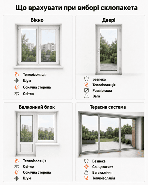 Критерії вибору склопакета для різних типів конструкцій Що врахувати при виборі склопакета для вікна, дверей, балконного блока та терасної системи